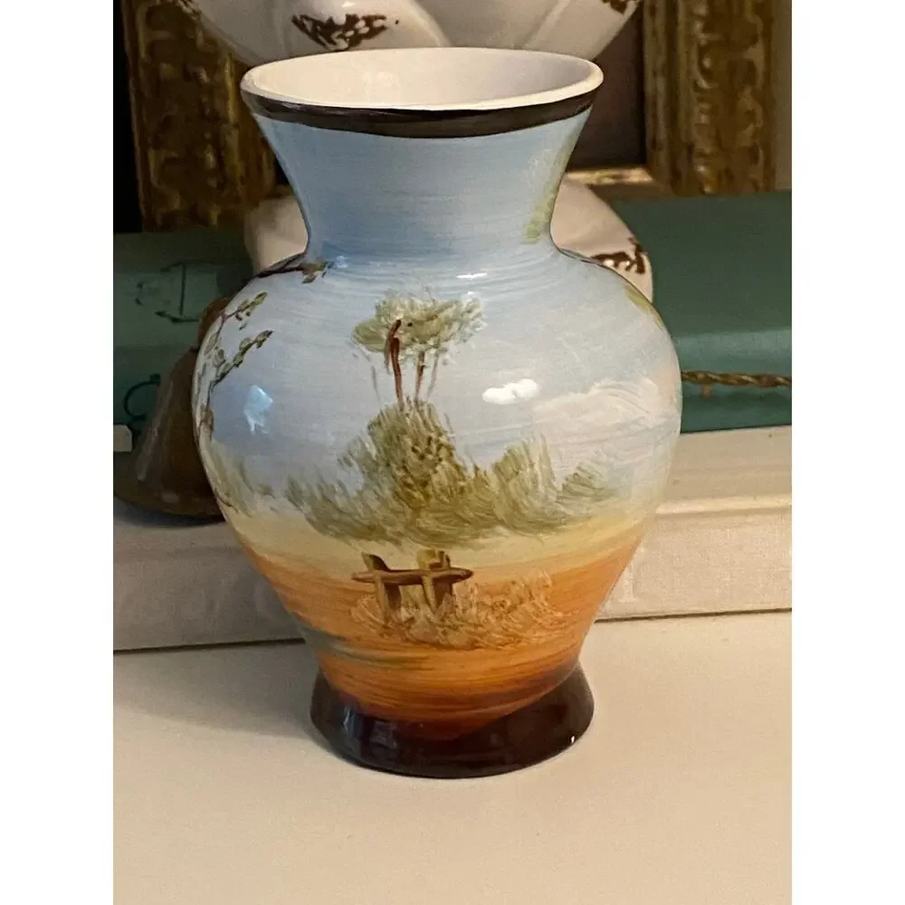 Vintage handpainted Spanish vase Cottage scene 20th Century